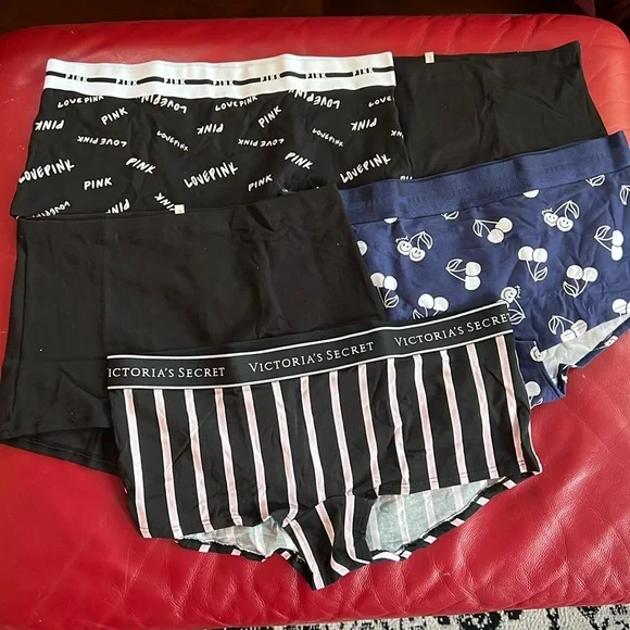 Pink cotton logo Boyshort panties 5 piece size large - Picture 1 of 8